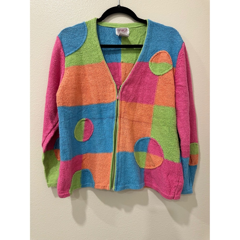 Vintage PBJ Sport Colorblock Patchwork Zip Front Cardigan Sweater Multicolor L